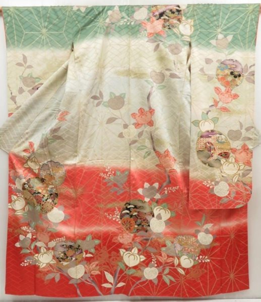 Photo1: 5218T13z1180 Vintage Japanese Kimono Silk FURISODE Tachibana Dark red (1)