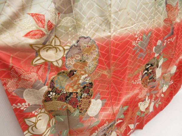 Photo3: 5218T13z1180 Vintage Japanese Kimono Silk FURISODE Tachibana Dark red (3)