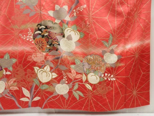 Photo7: 5218T13z1180 Vintage Japanese Kimono Silk FURISODE Tachibana Dark red (7)