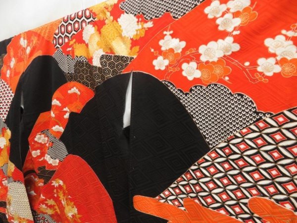 Photo2: 5218T14z1100 Vintage Japanese Kimono Silk FURISODE Shell box Orangered (2)
