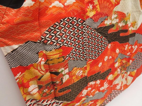 Photo3: 5218T14z1100 Vintage Japanese Kimono Silk FURISODE Shell box Orangered (3)