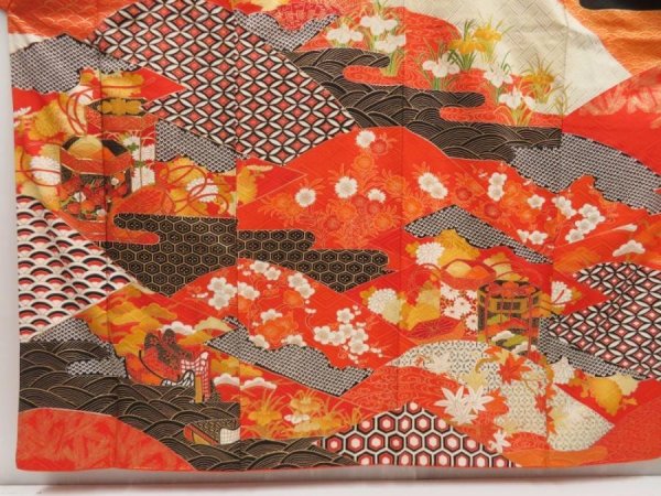 Photo5: 5218T14z1100 Vintage Japanese Kimono Silk FURISODE Shell box Orangered (5)