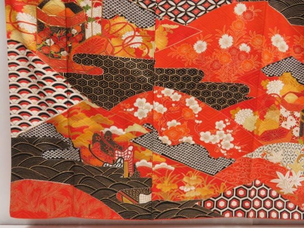 Photo6: 5218T14z1100 Vintage Japanese Kimono Silk FURISODE Shell box Orangered (6)