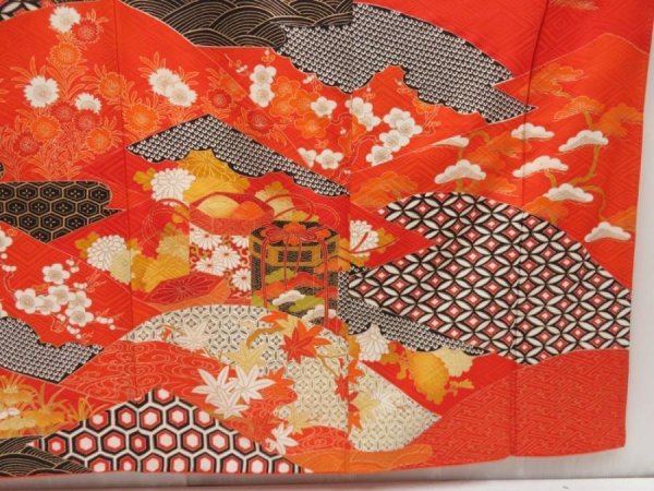 Photo7: 5218T14z1100 Vintage Japanese Kimono Silk FURISODE Shell box Orangered (7)