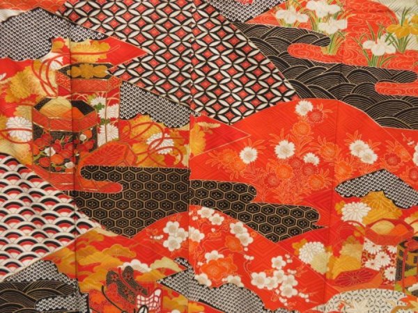 Photo8: 5218T14z1100 Vintage Japanese Kimono Silk FURISODE Shell box Orangered (8)