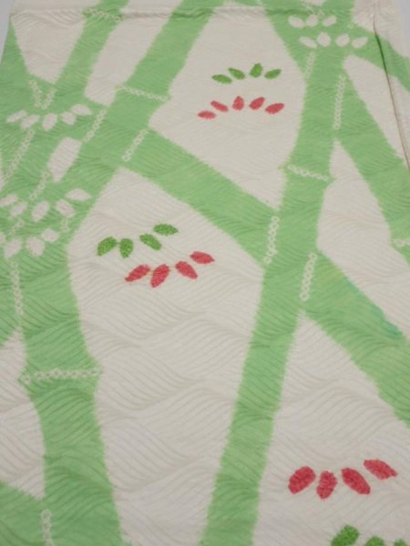 Photo1: 1Q01z60  Japanese Kimono Silk  FABRIC Bamboo Off-white 41.7x14.4 (1)