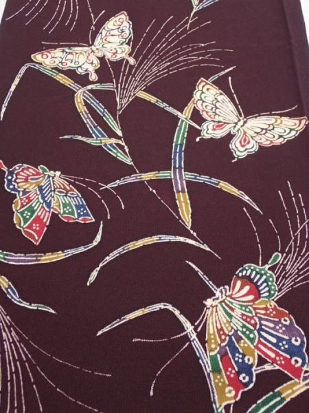 Photo1: 1Q01z80  Japanese Kimono Silk  FABRIC Butterfly Grape 49.6x14.2 (1)