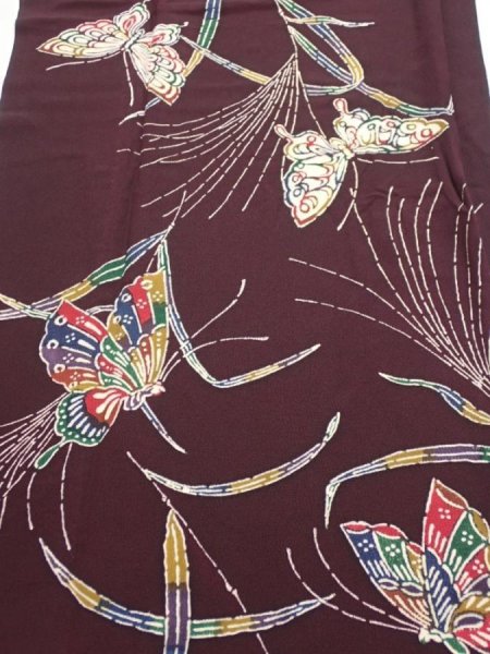 Photo1: 1Q04z100  Japanese Kimono Silk  FABRIC Butterfly Grape 64.6x14.2 (1)
