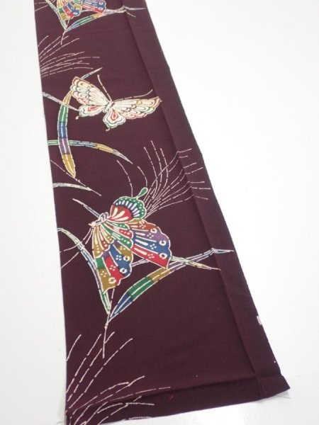Photo2: 1Q07z50  Japanese Kimono Silk  FABRIC Butterfly Grape 58.7x7.5 (2)