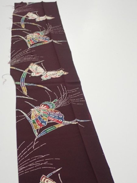 Photo3: 1Q07z50  Japanese Kimono Silk  FABRIC Butterfly Grape 58.7x7.5 (3)