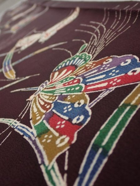 Photo4: 1Q07z50  Japanese Kimono Silk  FABRIC Butterfly Grape 58.7x7.5 (4)