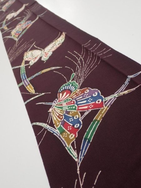 Photo1: 1Q08z50  Japanese Kimono Silk  FABRIC Butterfly Grape 58.7x7.3 (1)