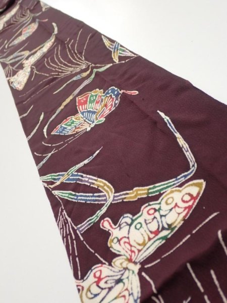 Photo1: 1Q09z60  Japanese Kimono Silk  FABRIC Butterfly Grape 81.9x6.5 (1)