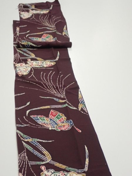 Photo3: 1Q09z60  Japanese Kimono Silk  FABRIC Butterfly Grape 81.9x6.5 (3)