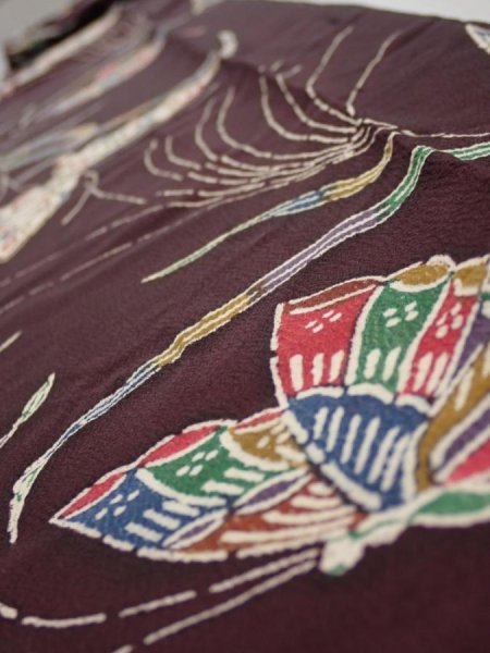 Photo4: 1Q09z60  Japanese Kimono Silk  FABRIC Butterfly Grape 81.9x6.5 (4)