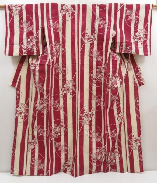 Photo1: 5224T01z370 Vintage Japanese Kimono Cotton YUKATA Round fan  Wine red (1)