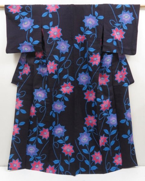 Photo1: 5224T02z530 Vintage Japanese Kimono Cotton YUKATA Flower Indigo-Purple (1)