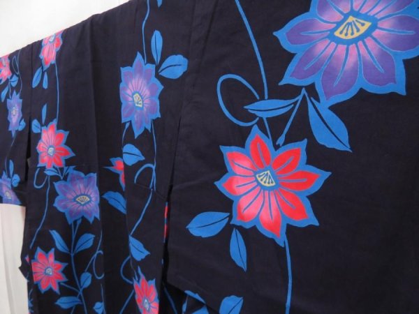 Photo2: 5224T02z530 Vintage Japanese Kimono Cotton YUKATA Flower Indigo-Purple (2)