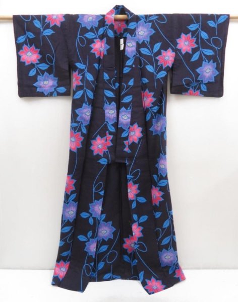 Photo7: 5224T02z530 Vintage Japanese Kimono Cotton YUKATA Flower Indigo-Purple (7)