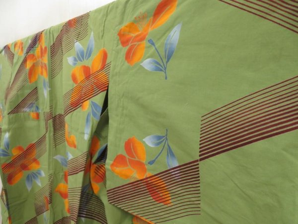 Photo2: 5224T03z490 Vintage Japanese Kimono Cotton YUKATA Flower Olive green (2)