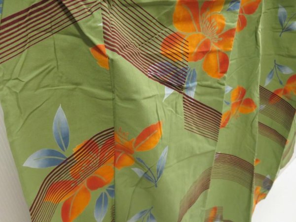 Photo3: 5224T03z490 Vintage Japanese Kimono Cotton YUKATA Flower Olive green (3)