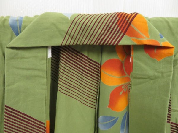 Photo7: 5224T03z490 Vintage Japanese Kimono Cotton YUKATA Flower Olive green (7)