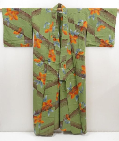 Photo8: 5224T03z490 Vintage Japanese Kimono Cotton YUKATA Flower Olive green (8)