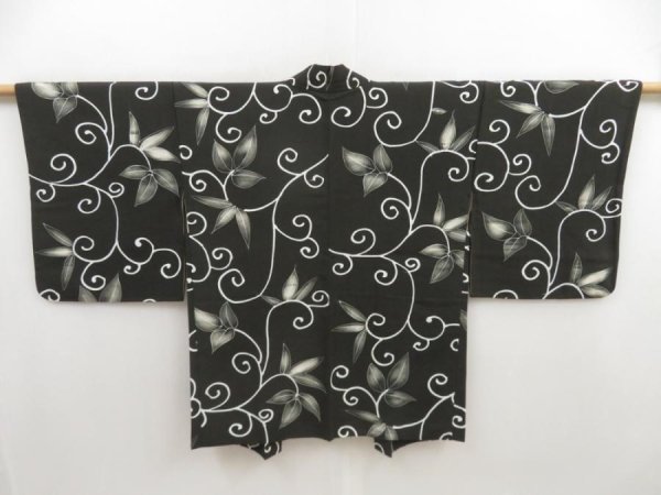 Photo1: 5224T10z600 Vintage Japanese Kimono Silk HAORI Leaf Black (1)