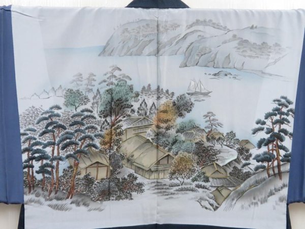 Photo1: 5224T11z540 Vintage Japanese Kimono Silk Men's HAORI House Navy-Gray (1)