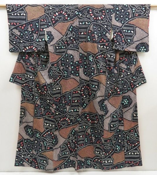 Photo1: 5224T12z980 Vintage Japanese Kimono Silk SHIBORI KOMON  Black (1)