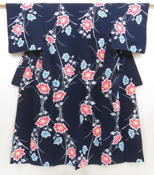 Photo1: 5225T01z450 Vintage Japanese Kimono Cotton YUKATA Flower Indigo (1)