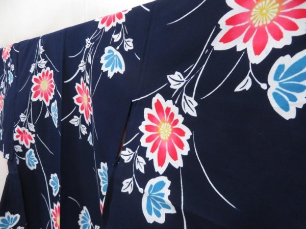 Photo2: 5225T01z450 Vintage Japanese Kimono Cotton YUKATA Flower Indigo (2)