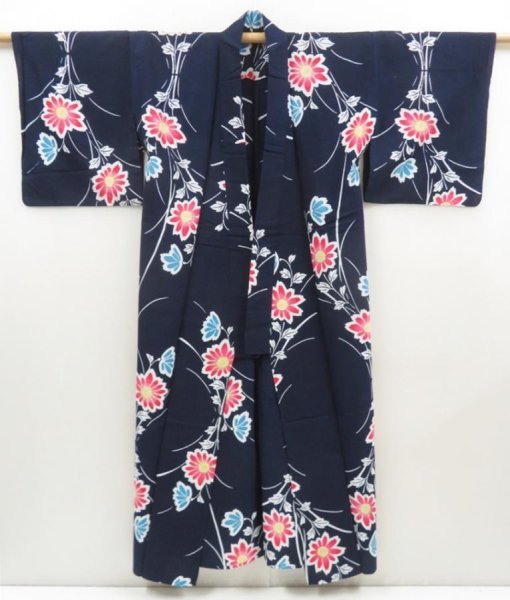 Photo8: 5225T01z450 Vintage Japanese Kimono Cotton YUKATA Flower Indigo (8)