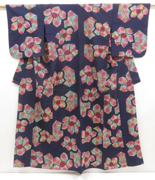 Photo1: 5225T02z480 Vintage Japanese Kimono Cotton YUKATA Flower Indigo (1)