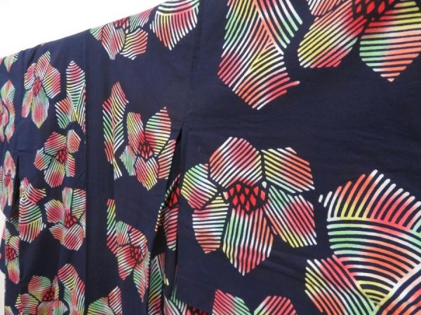 Photo2: 5225T02z480 Vintage Japanese Kimono Cotton YUKATA Flower Indigo (2)