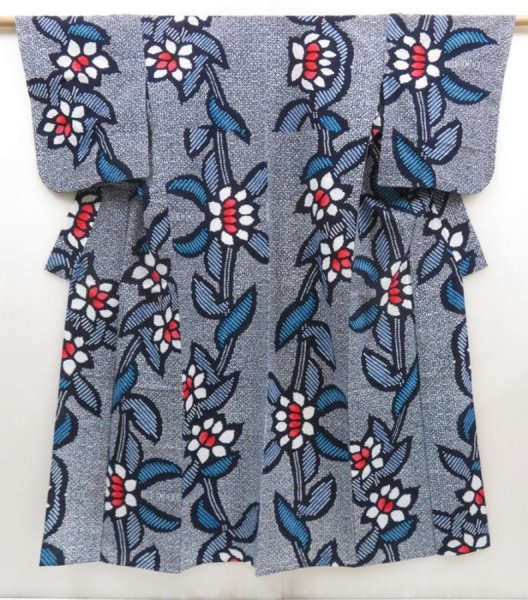 Photo1: 5225T03z480 Vintage Japanese Kimono Cotton YUKATA Flower Indigo (1)