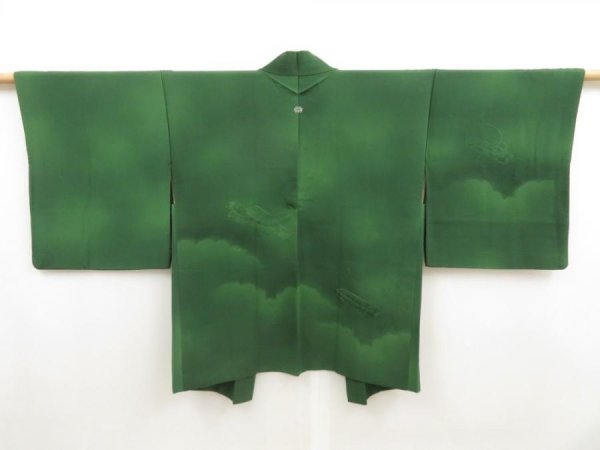 Photo1: 5225T05z560 Vintage Japanese Kimono Silk HAORI Letter box Dark green (1)