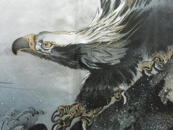 Photo3: 5225T10z470 Vintage Japanese Kimono Silk Men's HAORI Eagle Dark gray (3)