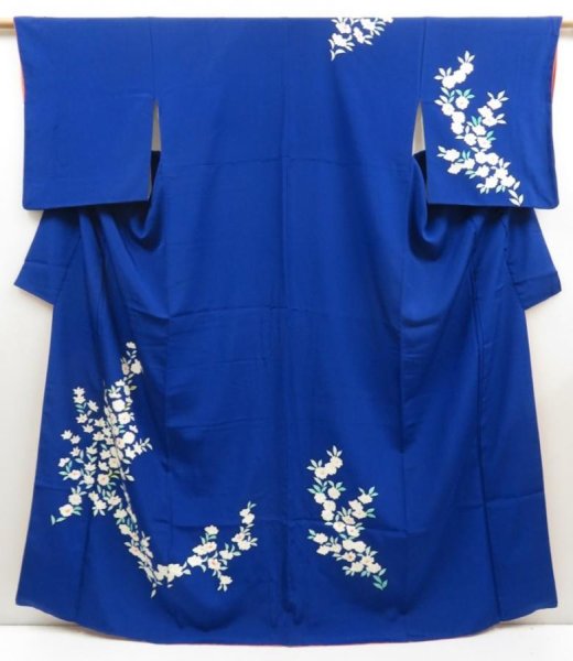 Photo1: 5225T13z940 Vintage Japanese Kimono Silk TSUKESAGE Flower Royal blue (1)