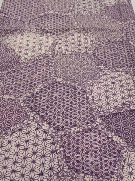 Photo1: 4F02z60  Japanese Kimono Silk  FABRIC Asanoha Purple 39.8x14.6 (1)