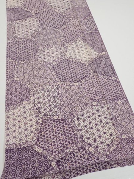 Photo2: 4F04z80  Japanese Kimono Silk  FABRIC Asanoha Purple 62.2x14.6 (2)