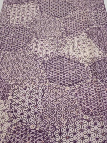 Photo1: 4F06z80  Japanese Kimono Silk  FABRIC Asanoha Purple 57.9x14.6 (1)