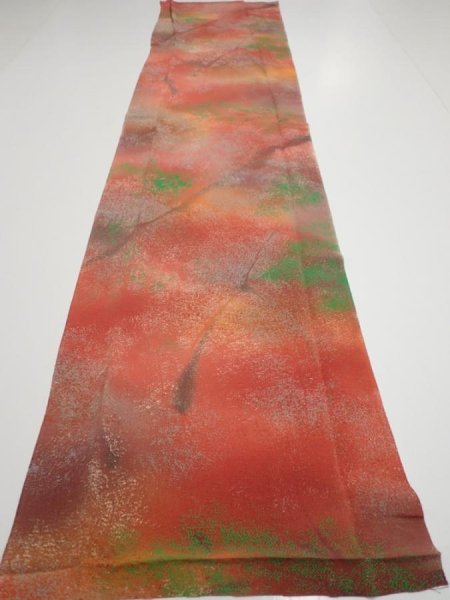 Photo5: 4F05z100  Japanese Kimono Crepe Silk  FABRIC Branch Dark orange 63.0x14.2 (5)