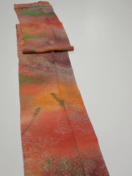 Photo3: 4F09z60  Japanese Kimono Crepe Silk  FABRIC Branch Dark orange 80.3x7.1 (3)