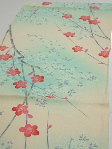 Photo3: 4F01z60  Japanese Kimono Silk  FABRIC Plum branch Light cream 41.7x14.0 (3)