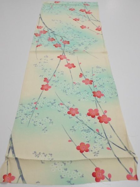 Photo5: 4F01z60  Japanese Kimono Silk  FABRIC Plum branch Light cream 41.7x14.0 (5)