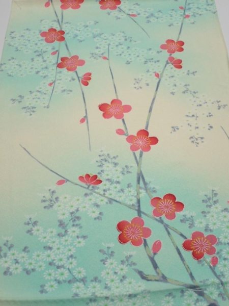 Photo1: 4F02z60  Japanese Kimono Silk  FABRIC Plum branch Light cream 40.9x13.8 (1)
