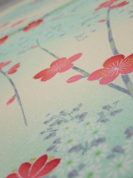 Photo4: 4F02z60  Japanese Kimono Silk  FABRIC Plum branch Light cream 40.9x13.8 (4)