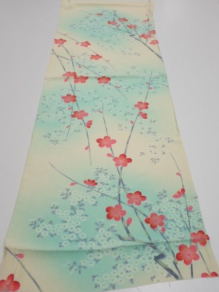 Photo5: 4F02z60  Japanese Kimono Silk  FABRIC Plum branch Light cream 40.9x13.8 (5)