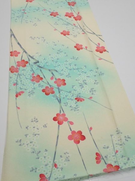 Photo2: 4F03z80  Japanese Kimono Silk  FABRIC Plum branch Light cream 62.2x14.0 (2)
